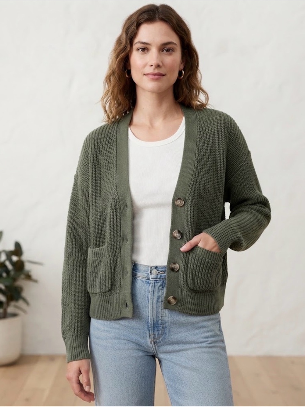 GAP Olive Green Ribbed V-Neck Cardigan